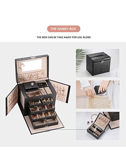 Casegrace jewelry Box 5 Layer Organizer Storage Mirror Display case with Lock Leather Large Capacity Portable Set