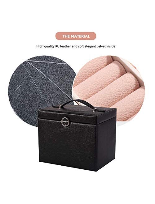 Casegrace jewelry Box 5 Layer Organizer Storage Mirror Display case with Lock Leather Large Capacity Portable Set