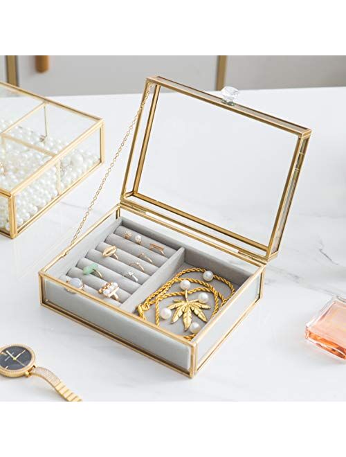 Levilan Clear Glass Jewelry Box with Removable Velvet Tray - Jewelry Case with Lid Vanity Vintage Metal Brass Jewellery Display Dust-Proof Organizer for Earring Ring Neck