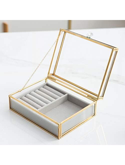 Levilan Clear Glass Jewelry Box with Removable Velvet Tray - Jewelry Case with Lid Vanity Vintage Metal Brass Jewellery Display Dust-Proof Organizer for Earring Ring Neck