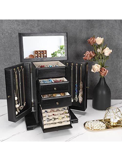 Emfogo Jewelry Box for Women, Rustic Wooden Jewelry Boxes & Organizers with Mirror, 4 Layer Jewelry Organizer Box Display for Rings Earrings Necklaces Bracelets