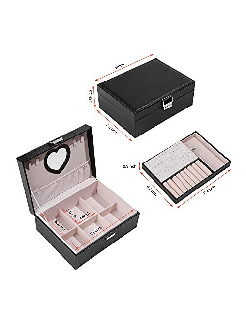 VALUNELL Jewelry Box for Girls Two-Layer PU Leather Jewelry Organizer Box With Lock and Heart Mirror