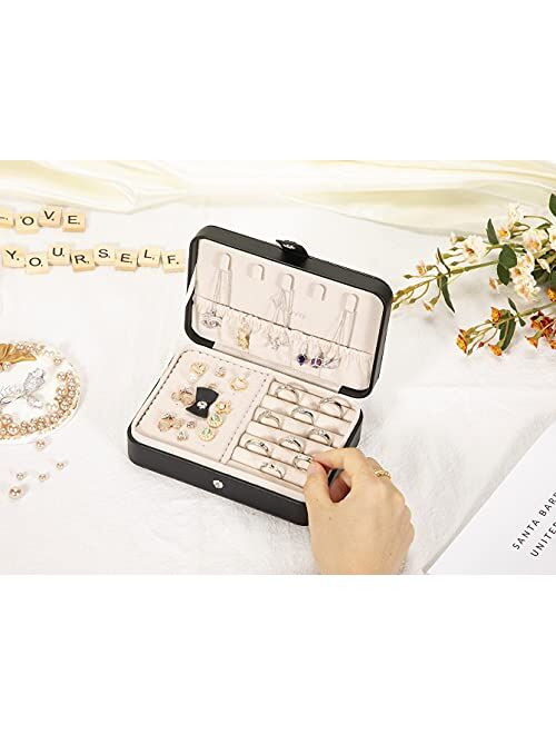 Voova Jewelry Organizer Box, Small Travel Jewelry Case for Women Teen Girls, Leather Portable Jewellery Storage Boxes Display Holder with Smart Earrings Plate for Necklac