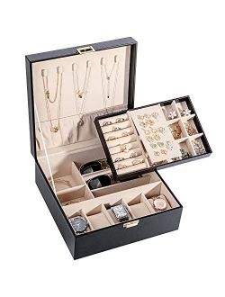 Voova Jewelry Box Organizer for Women Teen Girls,2 Layer Large Watch Storage Case for Men,PU Leather Display Jewellery Holder with Removable Tray for Watches Sunglasses R