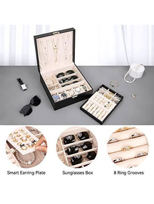 Voova Jewelry Box Organizer for Women Teen Girls,2 Layer Large Watch Storage Case for Men,PU Leather Display Jewellery Holder with Removable Tray for Watches Sunglasses R