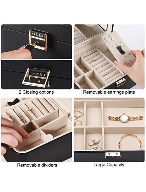 KAMIER Jewelry Boxes for Women, 2 Layers PU Leather Jewelry Organizer Lockable Display with Mirror for Earring Ring Necklace Bracelet