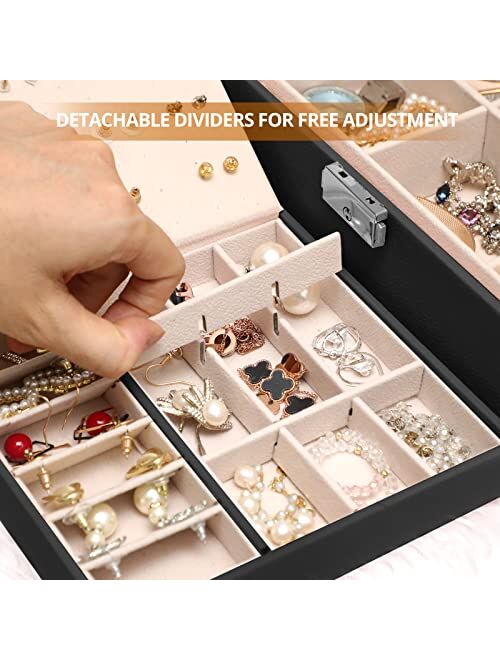 Sanikeon Jewelry Boxes for Women-2 Layers Black Travel Jewelry Box with Lock Jewelry Organizer Box with Rremovable Tray for Necklace Earrings Rings Bracelets Come with Je