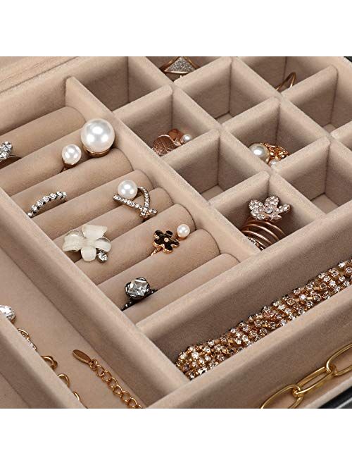 SONGMICS Jewelry Box with Glass Lid, 3-Layer Jewelry Organizer with 2 Drawers, Gift for Loved Ones