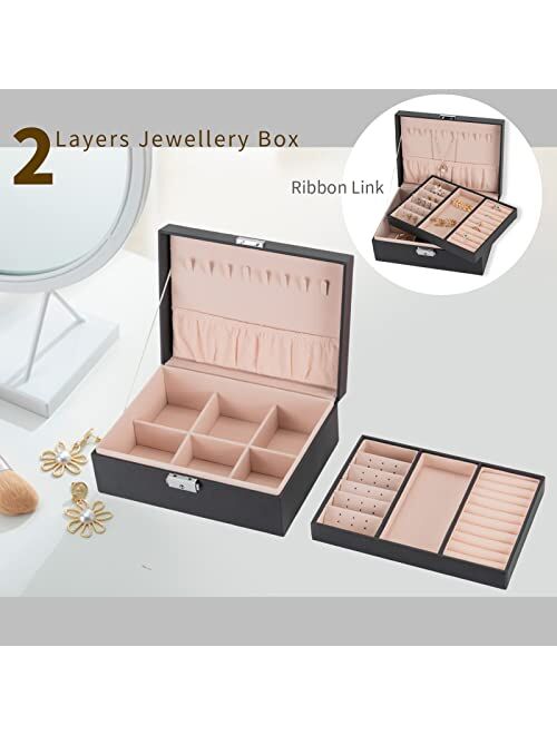 Smileshe Jewelry Box for Women Girls, PU Leather Organizer Holder Boxes with Lock, 2 Layers Removable Display Storage Travel Case for Rings Earrings Necklaces Bracelets