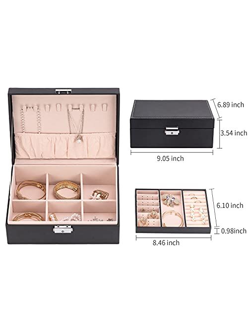 Smileshe Jewelry Box for Women Girls, PU Leather Organizer Holder Boxes with Lock, 2 Layers Removable Display Storage Travel Case for Rings Earrings Necklaces Bracelets
