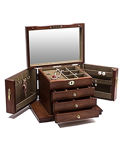 TITISKIN Large Wooden Jewelry Box Women with lock Mirror Gift Storage Box Organizer girls small bulk stand up vintage gift