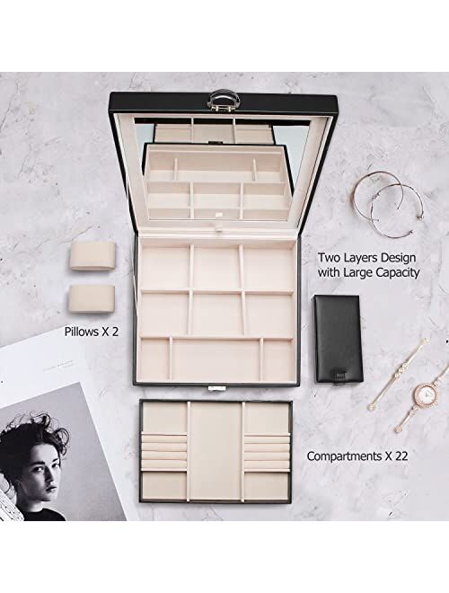 ProCase Large Jewelry Box Organizer for Women Mother Wife Girlfriend Gift Idea, Two Layers Jewelry Display Storage Holder Case with Mirror Lock for Necklace Earrings Brac