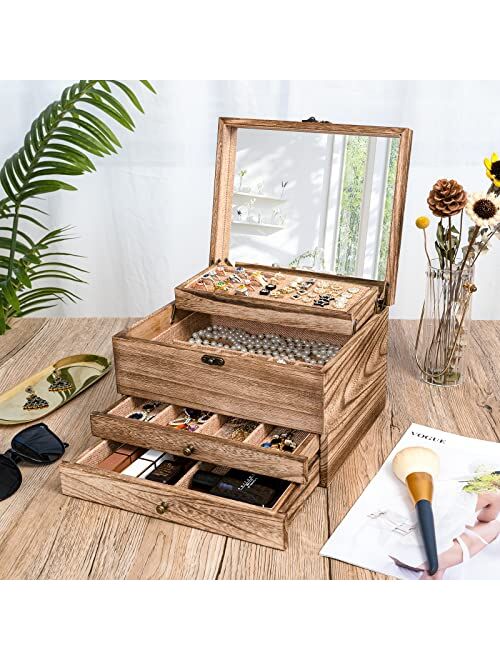 Emfogo Jewelry Box for Women, 3-Layer Jewelry Box with 2 Drawers, 21 Large Grids Ring Earrings Organizer, Farmhouse Style Wooden Jewelry Boxes for Earrings Rings Necklace