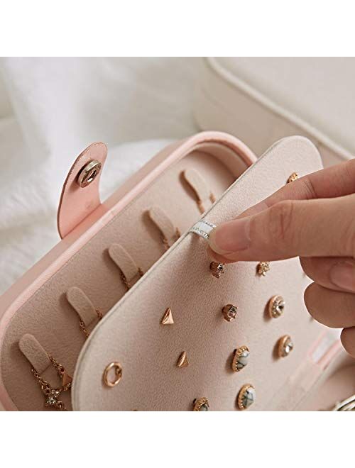 SUA Jewelry Box for Women, Portable Double-Layer Jewelry Storage Box, Earrings, Rings, Necklaces, Bracelets, PU Leather Compact Portable Jewelry Suitcase, Pink Jewelry Bo