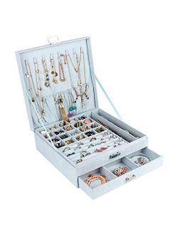DesignSter Jewelry Organizer Box with Lock, Lint 2 Layer Rings Earrings Necklace Bracelet Jewellery Holder Removable Grids Tray Drawer Display Storage Case with Thank You