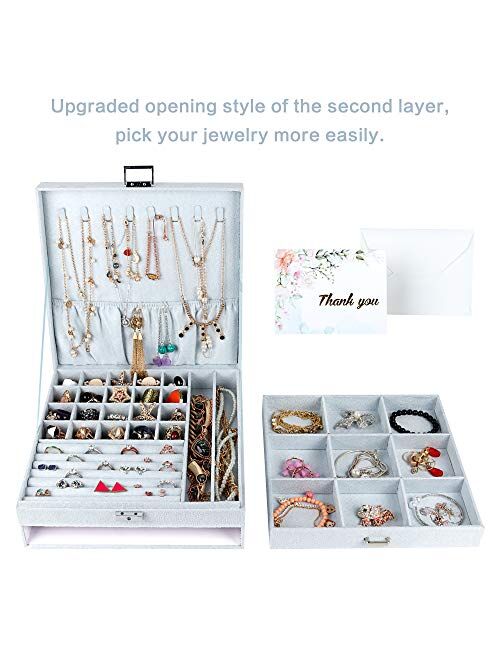 DesignSter Jewelry Organizer Box with Lock, Lint 2 Layer Rings Earrings Necklace Bracelet Jewellery Holder Removable Grids Tray Drawer Display Storage Case with Thank You