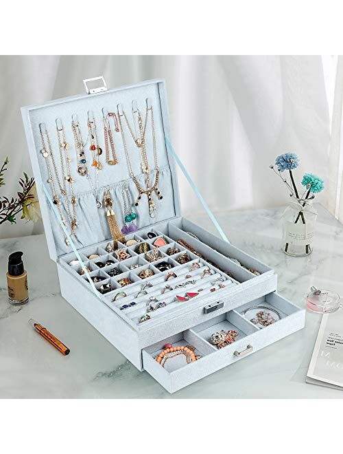 DesignSter Jewelry Organizer Box with Lock, Lint 2 Layer Rings Earrings Necklace Bracelet Jewellery Holder Removable Grids Tray Drawer Display Storage Case with Thank You