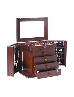 Caffny Large Wooden Jewelry Box, Built-in Mirror and Lock, Double Door Drawer Jewelry Storage Box 10.8L x 8.3W x 12H inch