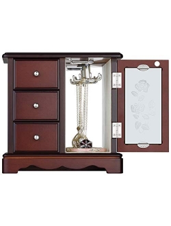 RR ROUND RICH DESIGN Solid Wooden Jewelry Box Makeup and Organizer Women Ring Storage with 4-Drawers Built-in Necklace Carousel and Mirror