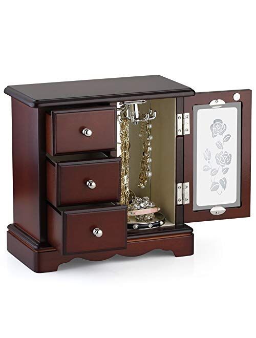 RR ROUND RICH DESIGN Solid Wooden Jewelry Box Makeup and Organizer Women Ring Storage with 4-Drawers Built-in Necklace Carousel and Mirror