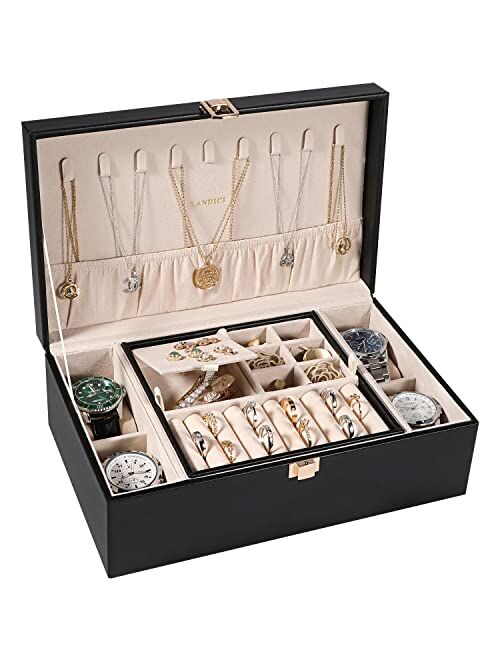 LANDICI Jewelry Box Organizer for Women Girls, Large 2 Layer Men Watch Case with Removable Tray