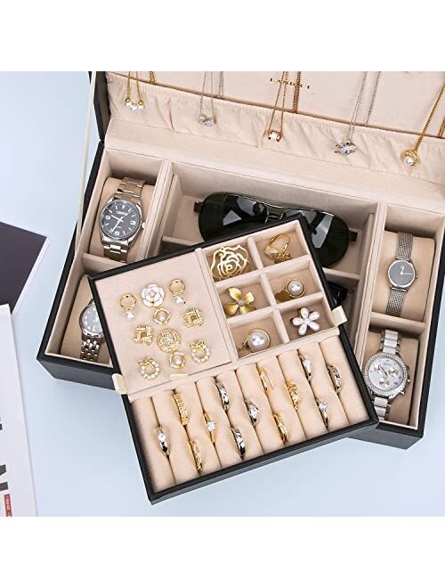 LANDICI Jewelry Box Organizer for Women Girls, Large 2 Layer Men Watch Case with Removable Tray