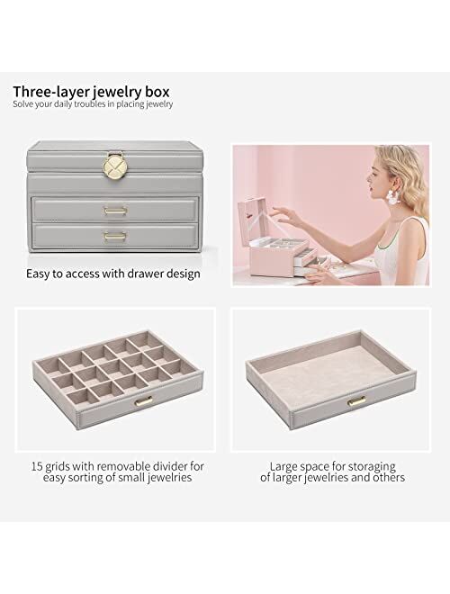 Vlando Jewelry Box with Glass Top for Mothers Day Gifts, 3 Layer Women Girls Jewelry Organizer with 2 Drawers, Large Leather Jewelry Storage for Necklaces Rings Earrings 