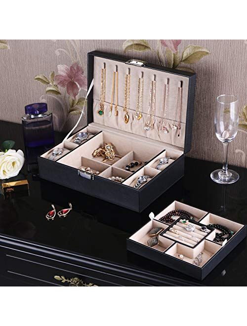 BEWISHOME Jewelry Box Organizer with 4 Watch Case Removable Tray Jewelry Display Storage Case - 7 Necklace Hook - Velvet Lining - Earring Ring Bracelet Case for Women Gir