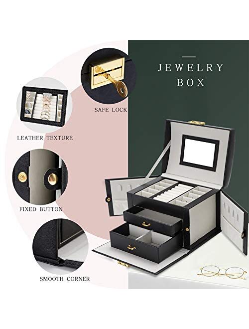 Euclidean Cube Jewelry Box Jewelry Organizer Box Display Storage Case Holder with Two Layers Lock Mirror Women Girls Leather Jewelry Box for Earrings Rings Necklaces Brac