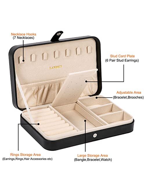 LANDICI Small Jewelry Box for Women Girls, PU Leather Travel Jewelry Organizer Case, Portable Jewellery Storage Holder Display for Ring Earrings Necklace Bracelet Bangle 