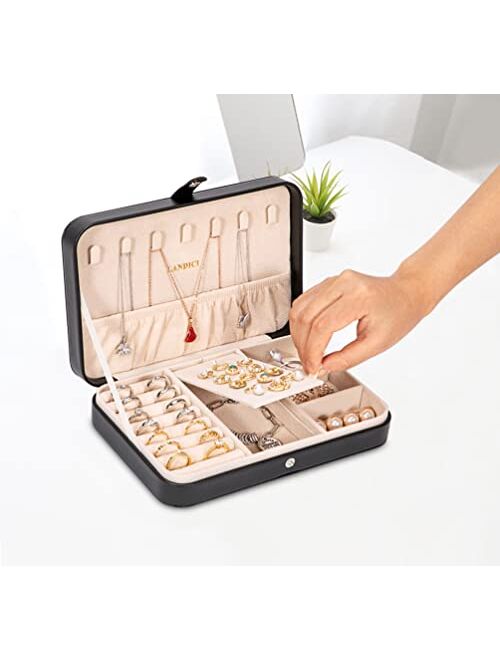 LANDICI Small Jewelry Box for Women Girls, PU Leather Travel Jewelry Organizer Case, Portable Jewellery Storage Holder Display for Ring Earrings Necklace Bracelet Bangle 
