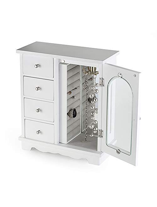 ZGZD White Jewelry Box Wooden Makeup and Accessories Organizer Girls Ring Storage with 4 Drawers and Swing Door
