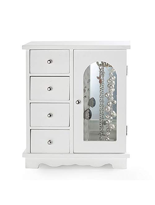 ZGZD White Jewelry Box Wooden Makeup and Accessories Organizer Girls Ring Storage with 4 Drawers and Swing Door