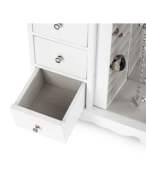 ZGZD White Jewelry Box Wooden Makeup and Accessories Organizer Girls Ring Storage with 4 Drawers and Swing Door
