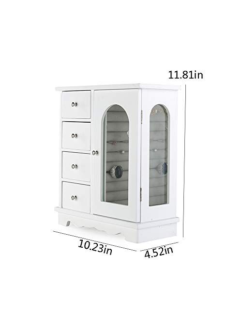 ZGZD White Jewelry Box Wooden Makeup and Accessories Organizer Girls Ring Storage with 4 Drawers and Swing Door
