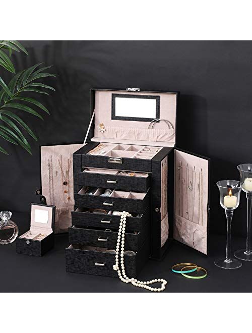 ANWBROAD 6 Tier Huge Jewelry Box Jewelry Organizer Box Display Storage Case Holder with Lock Mirror Girls Jewelry Box for Earrings Rings Necklaces Bracelets Earrings Gift