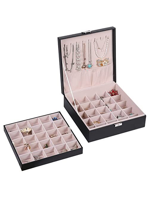homing Earring Organizer Box for Women, 2 Layers 50 Slots with 8 Necklace Hooks
