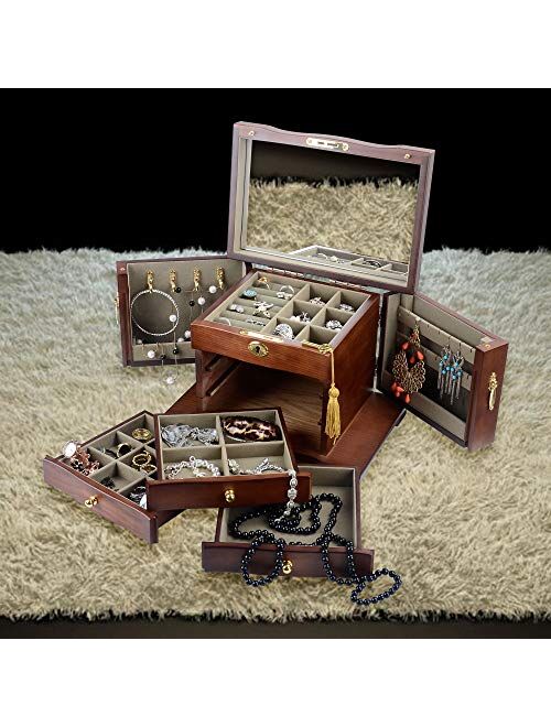 Kendal Hardwood Large Wooden Jewelry Box for Women, Solid Wood Vintage Jewelry Organizer Box with Mirror, Lockable Jewelry Storage WJC03HT