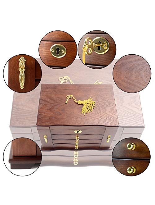 Kendal Hardwood Large Wooden Jewelry Box for Women, Solid Wood Vintage Jewelry Organizer Box with Mirror, Lockable Jewelry Storage WJC03HT