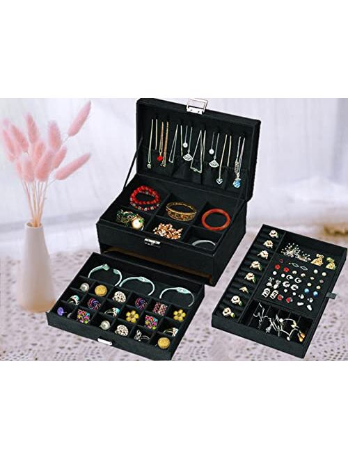 Jewelry Box Organizer for Women Girls, QBestry 3 Layers Big Jewelry Earrings Organizer Box with Lock Drawer Women Jewelry Display Holder Storage Case for Earrings Bracele