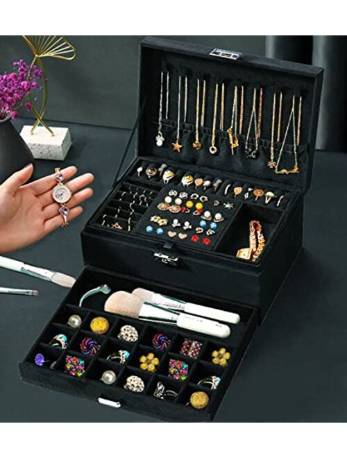 Jewelry Box Organizer for Women Girls, QBestry 3 Layers Big Jewelry Earrings Organizer Box with Lock Drawer Women Jewelry Display Holder Storage Case for Earrings Bracele
