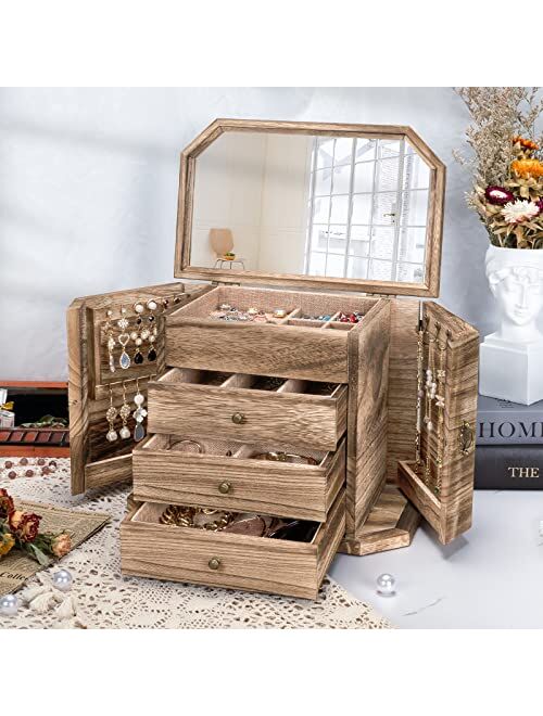 Emfogo Jewelry Box for Women, Rustic Wooden Jewelry Boxes & Organizers with Mirror, 4 Layer Jewelry Organizer Box Display for Rings Earrings Necklaces Bracelets