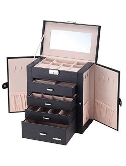 Homde Synthetic Leather Huge Jewelry Box Mirrored Watch Organizer Necklace Ring Earring Storage Lockable Gift Case
