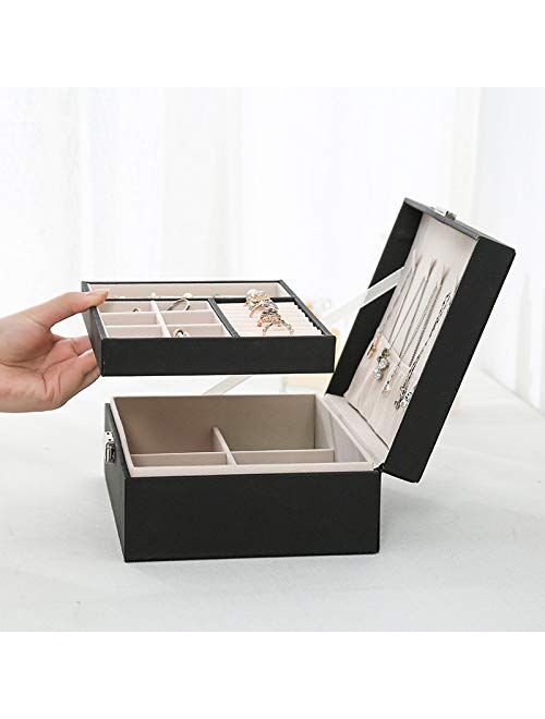 Jewelry Box Organizer,ProttyLife 2 Layer Large Women Jewelry Box Organizer Large Lockable Display Jewelry Holder for Earring Ring Necklace Gift Jewelry Storage Case