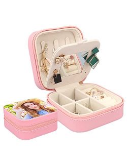AIPNIS Personalise Jewelry Box,Custom Photo Small Jewelry Boxes for Women,Portable Travel Mini Jewelry Box with Mirror,Women Gift Rings Earrings Necklaces Storage Case