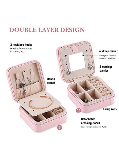 ProCase Small Jewelry Organizer Box for Travel, Portable Mini Jewelry Travel Case with Zipper Mirror for Rings Necklaces Bracelets Earrings, Gift for Women Girl