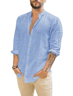 JEKAOYI Mens Long Sleeve Casual Cotton Linen Shirts Buttons Down Summer Solid Plain Beach Yoga T Shirts