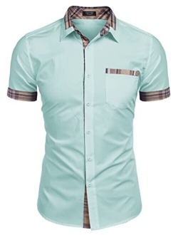 Men's Casual Short Sleeve Dress Shirt Plaid Collar Cotton Button Down Shirt