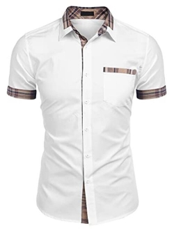 Men's Casual Short Sleeve Dress Shirt Plaid Collar Cotton Button Down Shirt