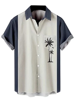 WHO IN SHOP Men's Short Sleeve Button Down Bowling Shirts Hawaiian Casual Printed Beach Shirt Summer Regular Fit Top
